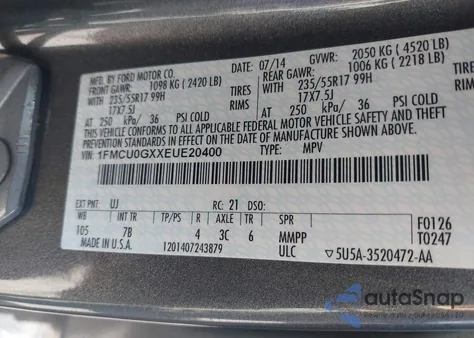 2014 Ford Escape Se z USA, uszkodzony, nr VIN 1FMCU0GXXEUE20400